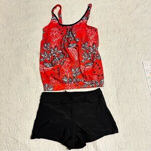 NEW Aqua Eve Tankini Coral Black White Size Medium Blouson Top Shorts Bottom